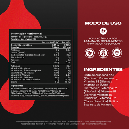 Tabla nutrimental Complex B+ 200c – 8 vitaminas del grupo B y Arándano Azul Vitalbotanics