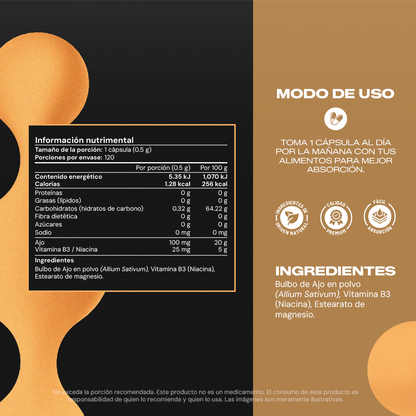 Tabla nutrimental Vit B3+ 200c Vitalbotanics – Niacina y Ajo por cápsula