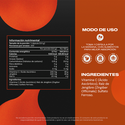 Tabla nutrimental de Iron+ – Hierro, Vitamina C y Jengibre por cápsula