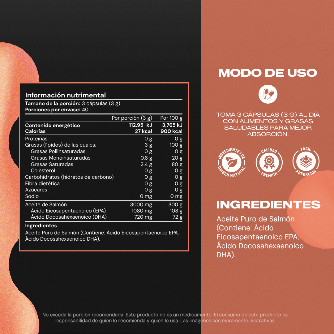 Omega 3 Pure | Aceite de Salmón con 1080 mg EPA y 720 mg DHA - Puro