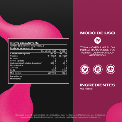 Tabla nutrimental Myo Inositol Vitalbotanics – 2000mg de Myo-Inositol por porción