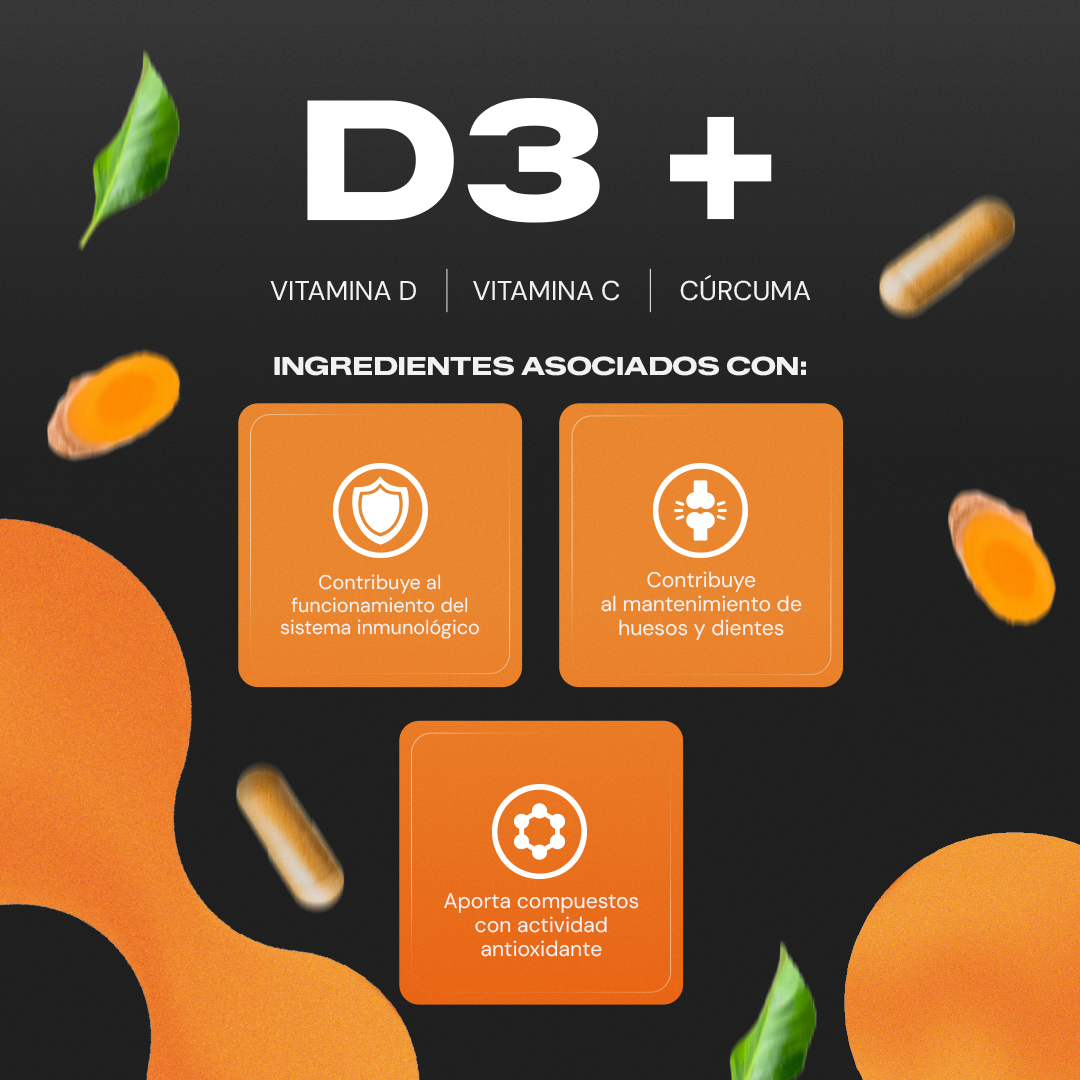 D3+ | Vitamina D3 con Vitamina C y Cúrcuma - Sistema Inmune y Huesos