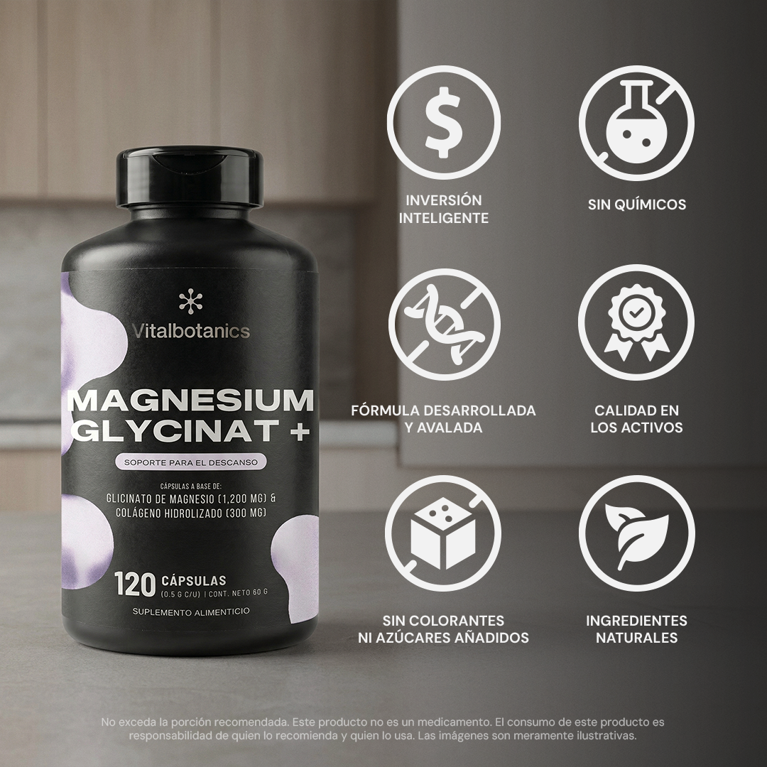 Características Magnesium Glycinate+ Vitalbotanics – glicinato y colágeno sin rellenos