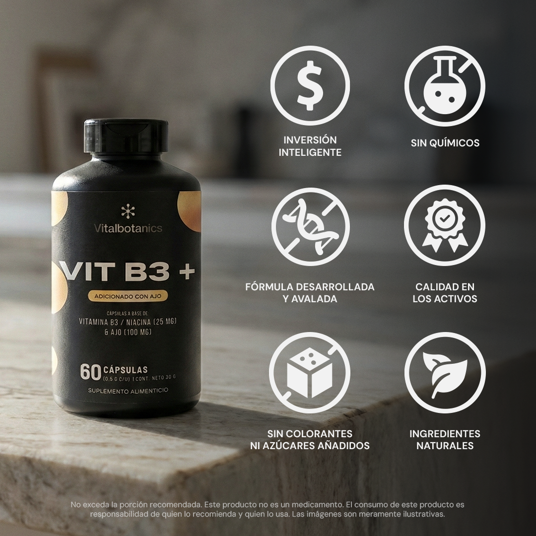 Características Vit B3+ Vitalbotanics – Niacina y Ajo sin rellenos innecesarios