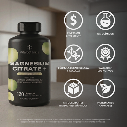 Características Magnesium Citrate+ Vitalbotanics – magnesio y colágeno sin rellenos