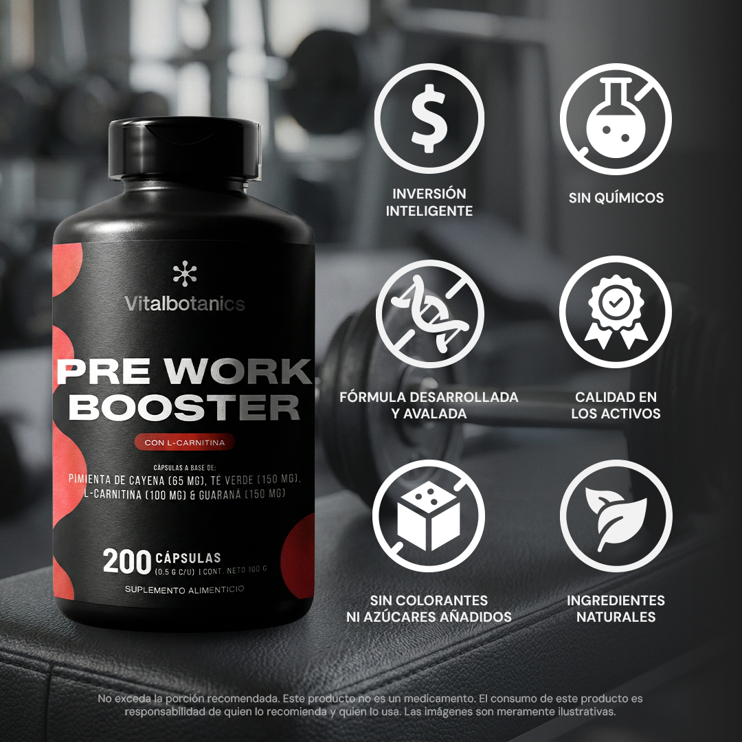 Características Pre Work Booster – Guaraná, L-Carnitina, Té Verde y Pimienta Cayena