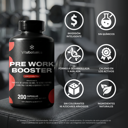 Características Pre Work Booster – Guaraná, L-Carnitina, Té Verde y Pimienta Cayena