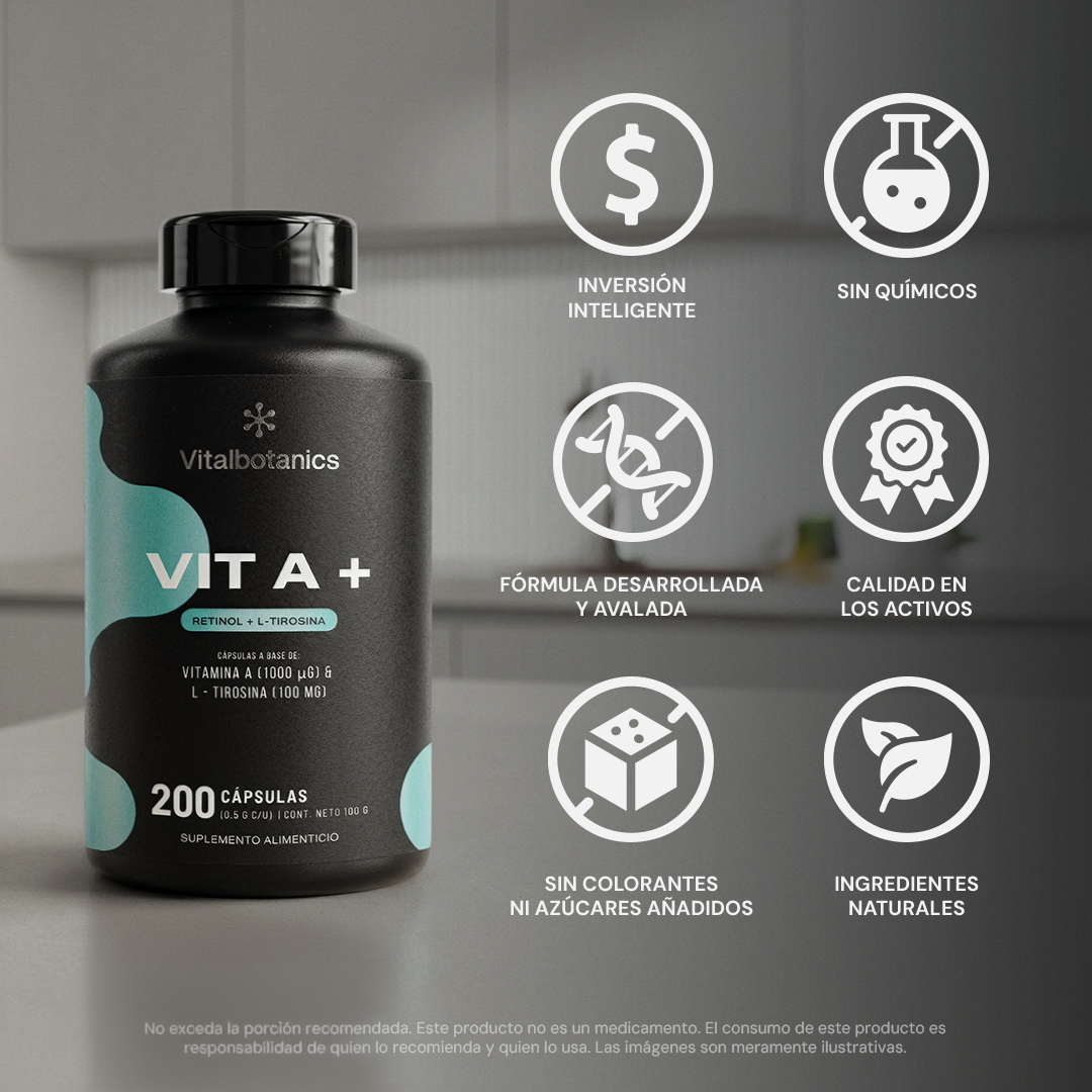 Características Vit A+ Vitalbotanics – Vitamina A y L-Tirosina sin rellenos