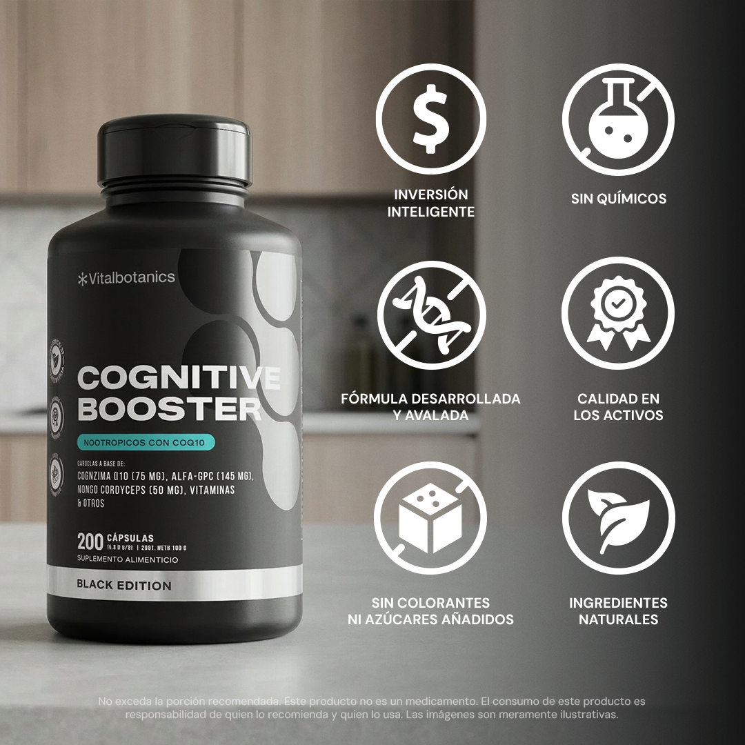 Características de Cognitive Booster Black – Alpha-GPC y CoQ10 sin estimulantes ni rellenos