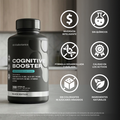 Características de Cognitive Booster Black – Alpha-GPC y CoQ10 sin estimulantes ni rellenos