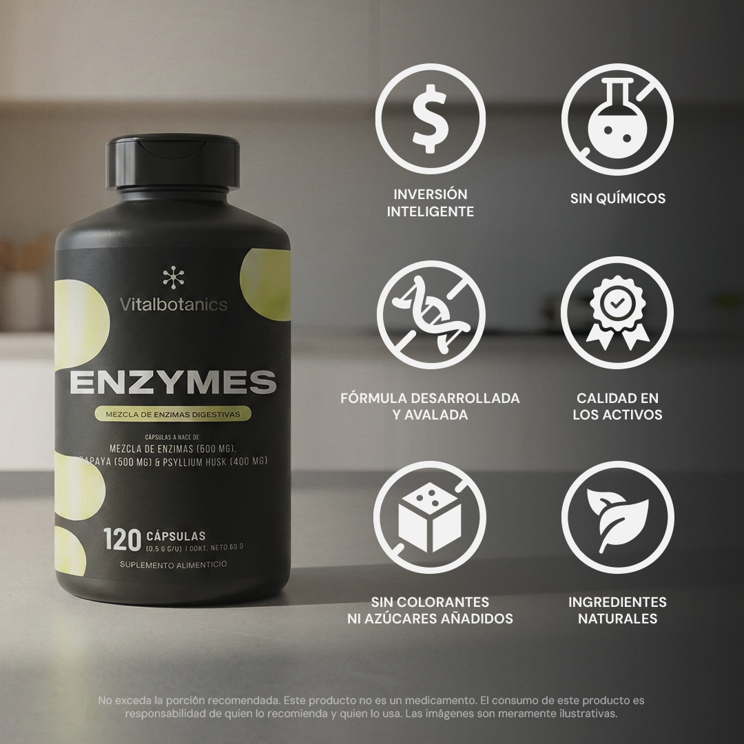 Características clave del complejo de 6 enzimas digestivas Vitalbotanics – sin gluten, sin aditivos