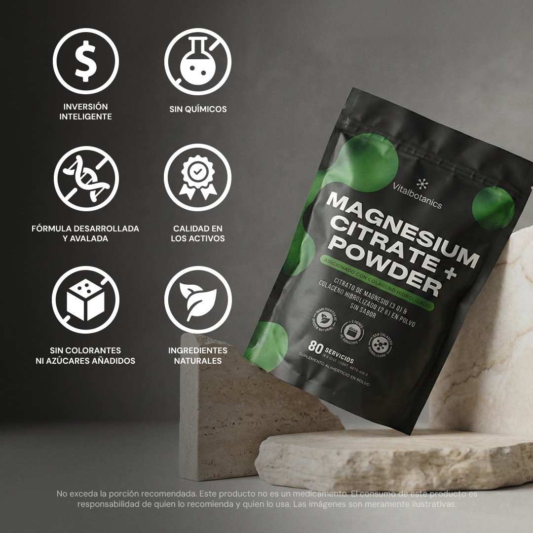 Características Magnesium Citrate+ Powder Vitalbotanics – magnesio y colágeno sin rellenos