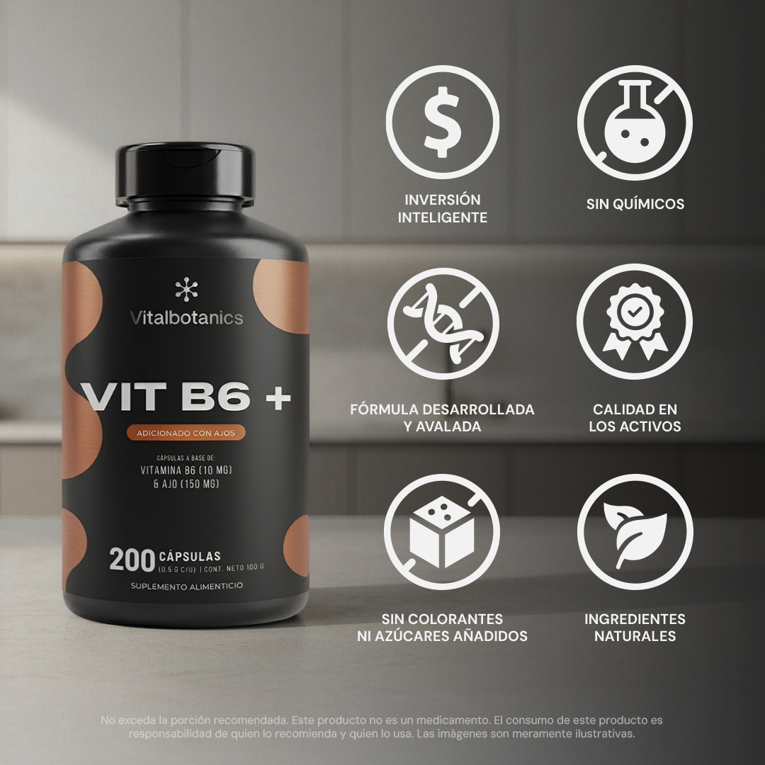 Características de Vit B6+ – Piridoxina y Ajo de origen natural sin rellenos