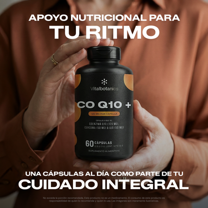 Ingredientes de CoQ10+ Vitalbotanics: Coenzima Q10, Cúrcuma y Ajo de origen natural