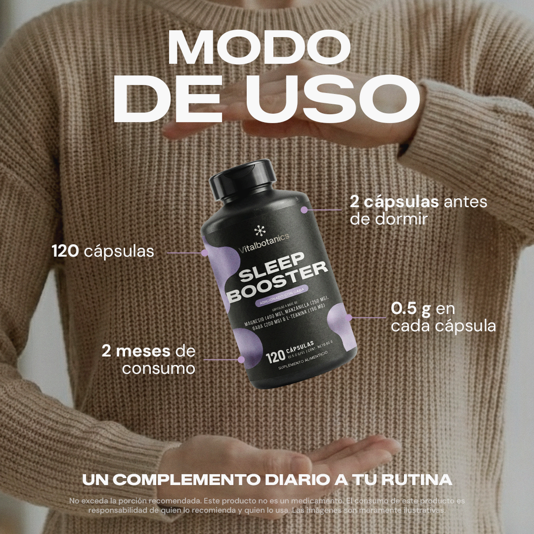 Modo de uso de Sleep Booster Vitalbotanics – 1 a 2 cápsulas antes de dormir