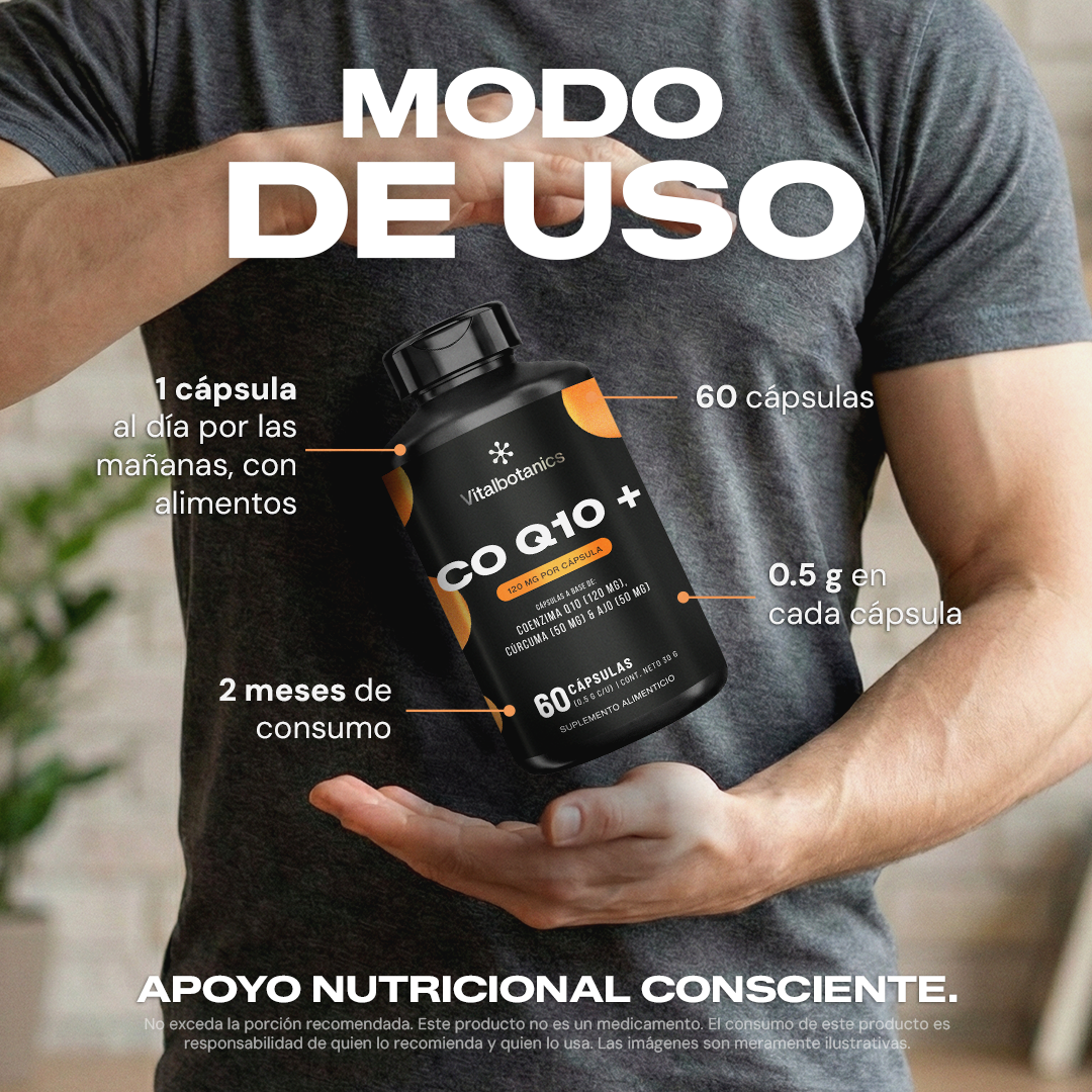 Modo de uso de CoQ10+ Vitalbotanics – dosis recomendada de Coenzima Q10 en cápsulas