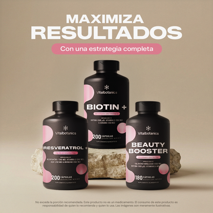 Contenido Kit Beauty Total Vitalbotanics – tres frascos de suplementos de belleza
