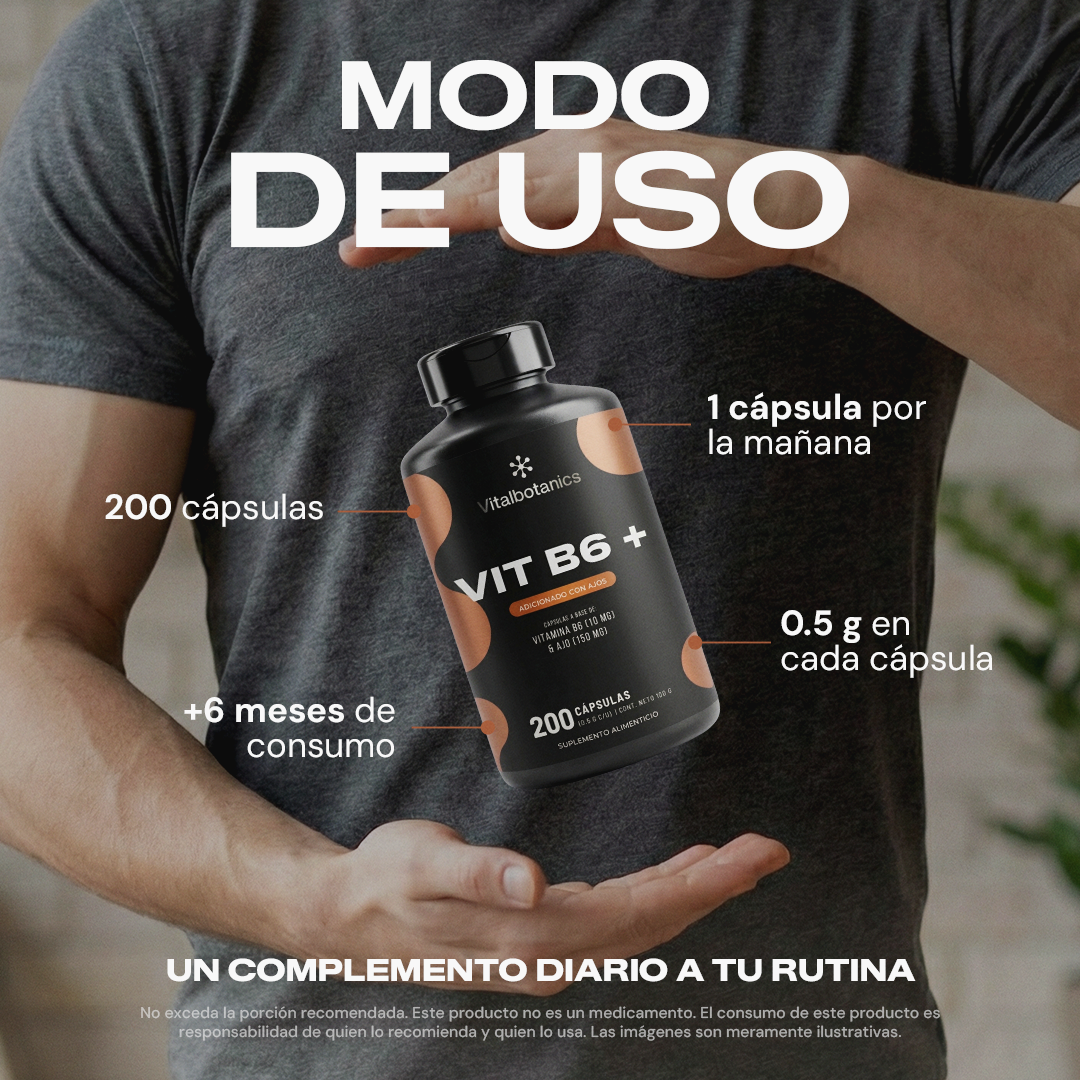 Modo de uso de Vit B6+ Vitalbotanics – dosis recomendada de Vitamina B6 con Ajo