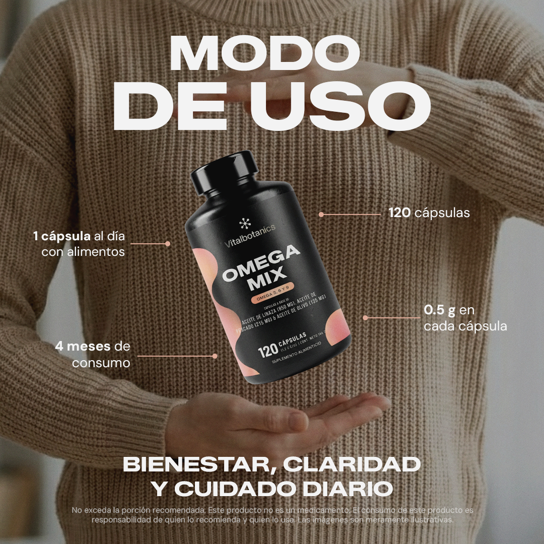 Modo de uso de Omega Mix Vitalbotanics – dosis recomendada de Omega 3 6 y 9
