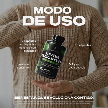 Modo de uso Liver Booster Vitalbotanics – 2 cápsulas al día por la mañana con alimentos