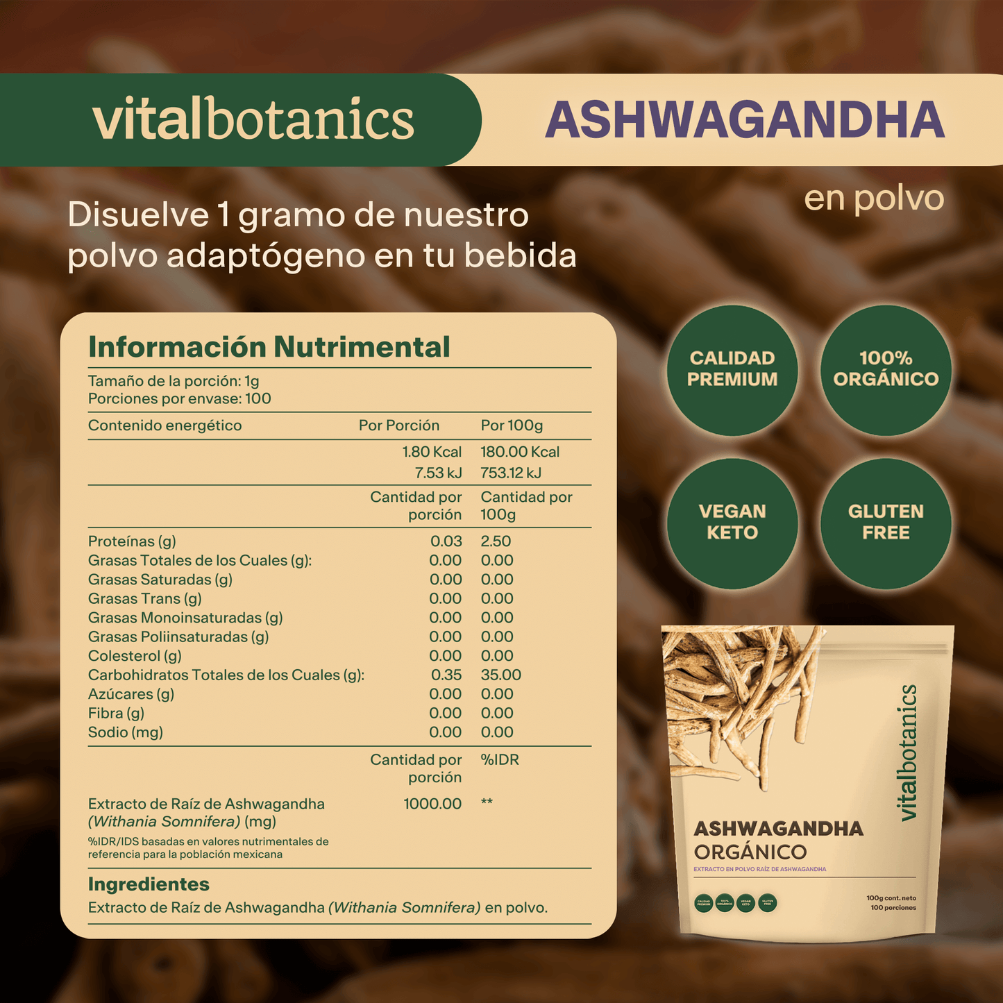 EXTRACTO PURO DE RAÍZ DE ASHWAGANDHA | Adaptogeno en polvo Organico