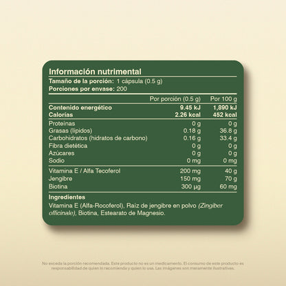 Biotina, Vitamina E, Jengibre en Cápsulas