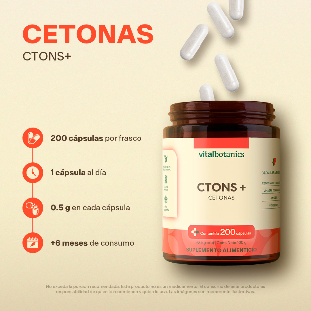 CTONS+ Cetonas de Frambuesa | 200 Cápsulas – Quema Grasa y Detox Natural