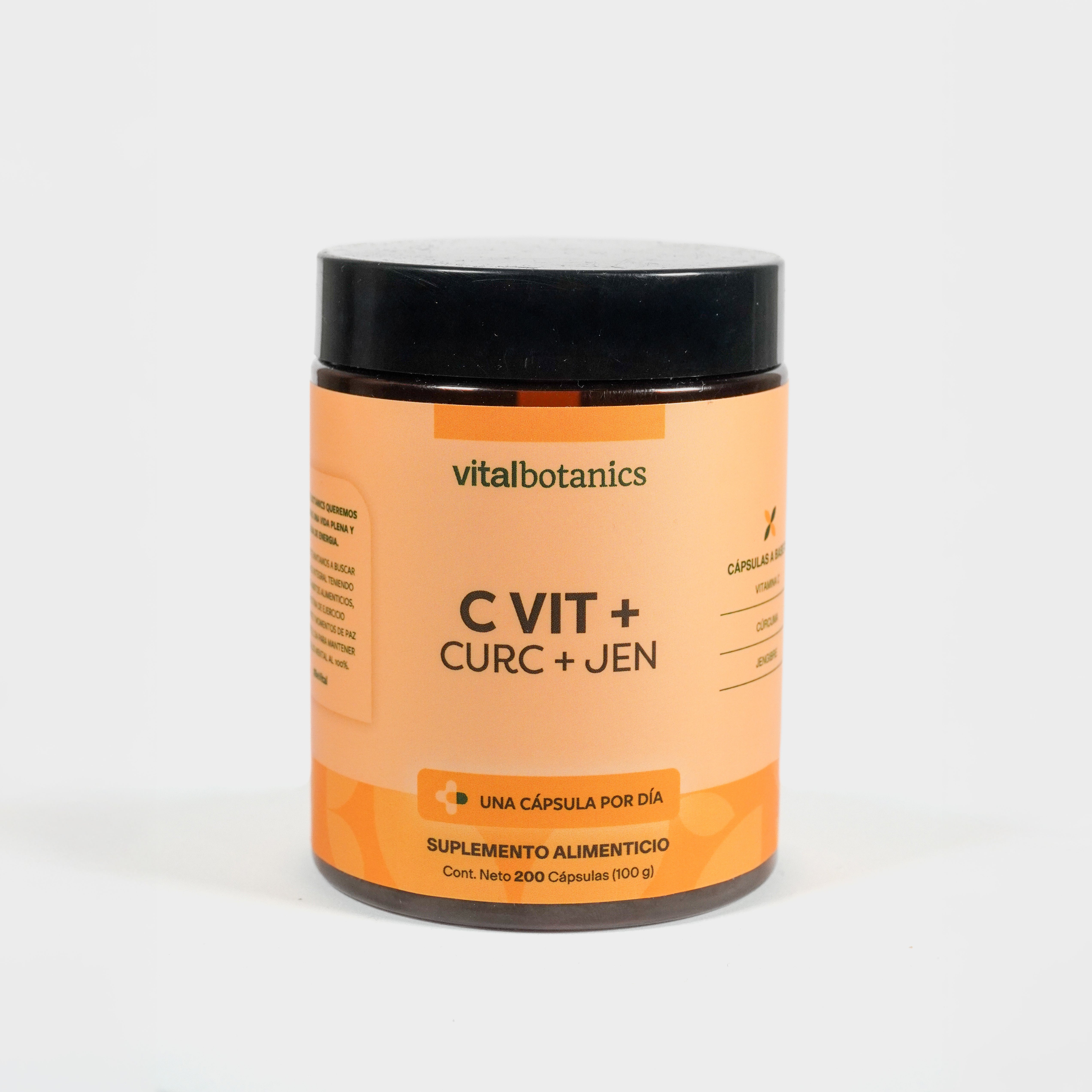 Vitamina C, Cúrcuma y Jengibre Vitalbotanics sobre fondo blanco – 200 cápsulas