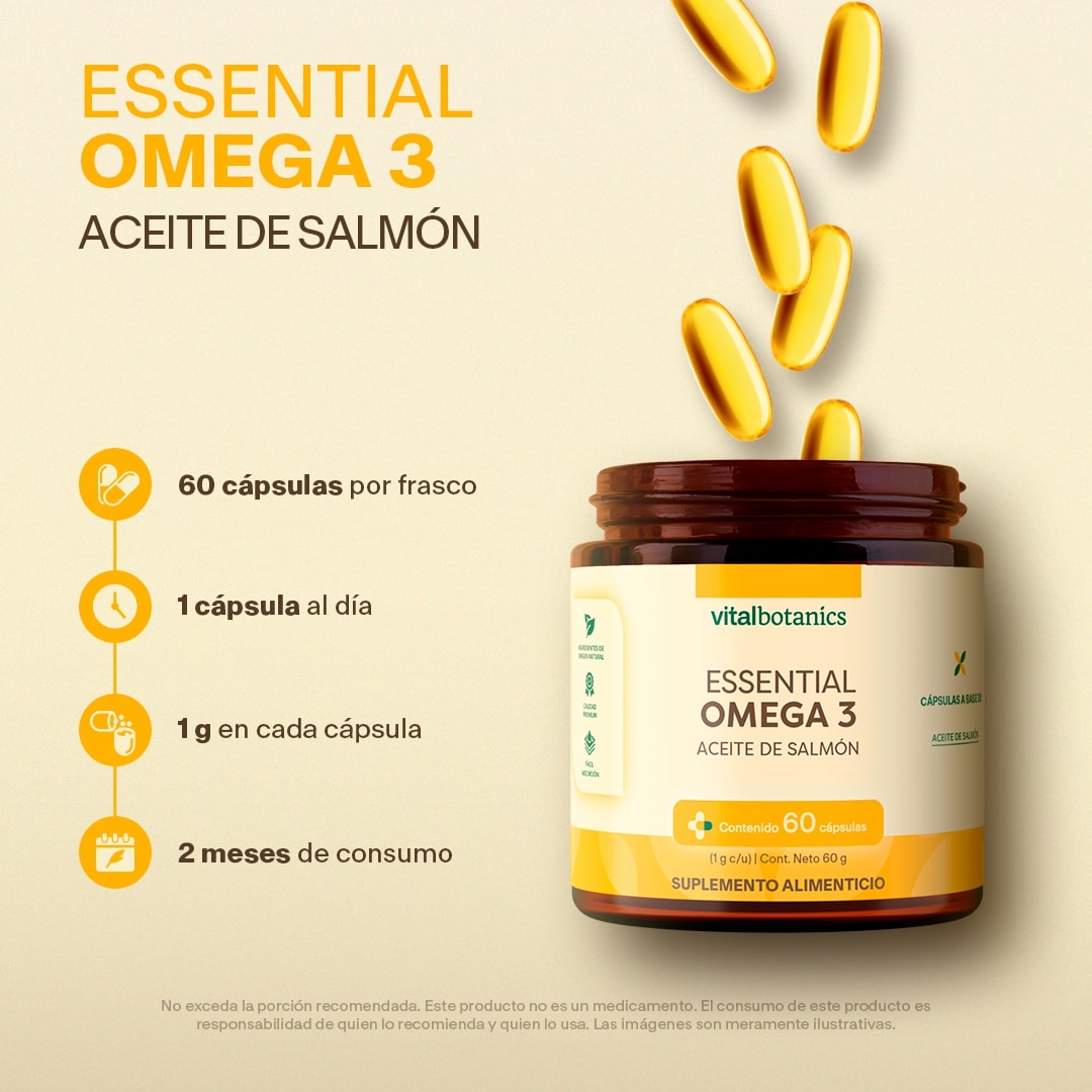 Tabla nutrimental Aceite de Salmón EPA, DHA y Vitamina E Vitalbotanics por cápsula