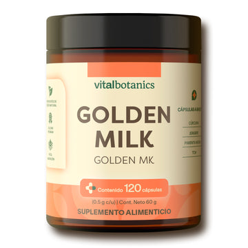 Frasco de Golden Milk Vitalbotanics – Cúrcuma, Jengibre y Pimienta Negra en cápsulas