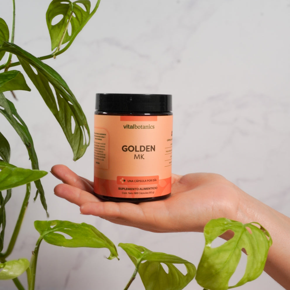 Golden Milk Vitalbotanics en mano – suplemento de cúrcuma con jengibre y pimienta negra