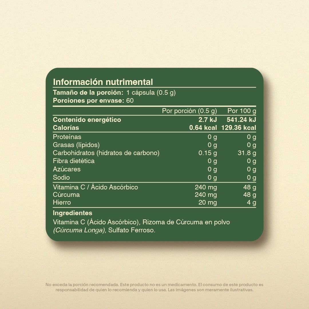 Hierro, Vitamina C, Cúrcuma en Cápsulas