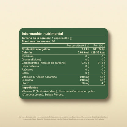 Hierro, Vitamina C, Cúrcuma en Cápsulas