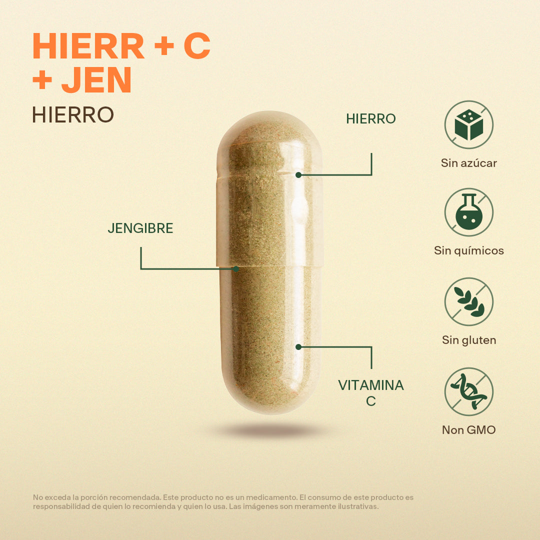Hierro, Vitamina C, Jengibre en Cápsulas
