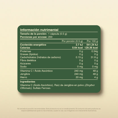 Hierro, Vitamina C, Jengibre en Cápsulas