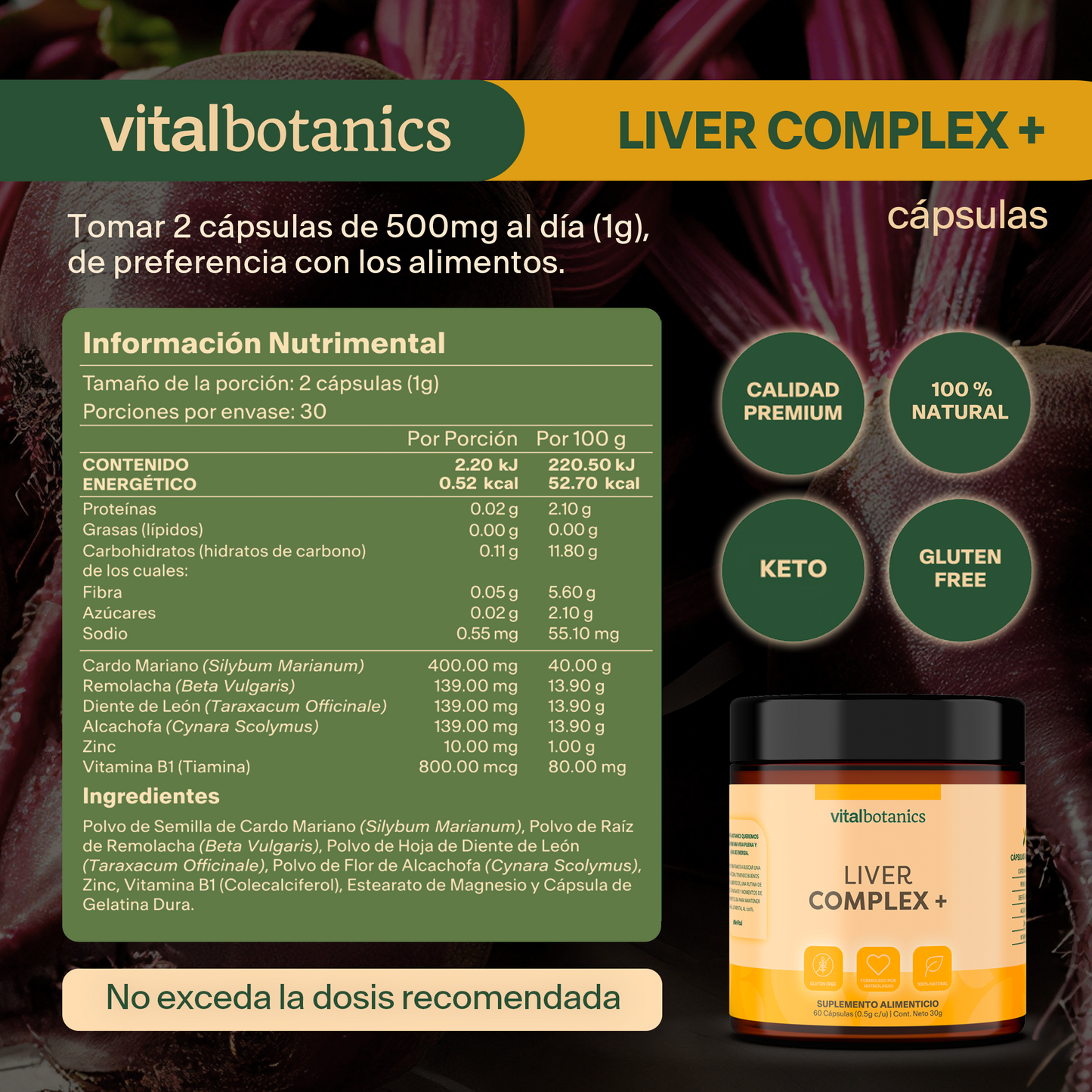 LIVER COMPLEX + | Vitamina B1 + Zinc + Cardomariano + Remolacha + Diente de León + Alcachofa