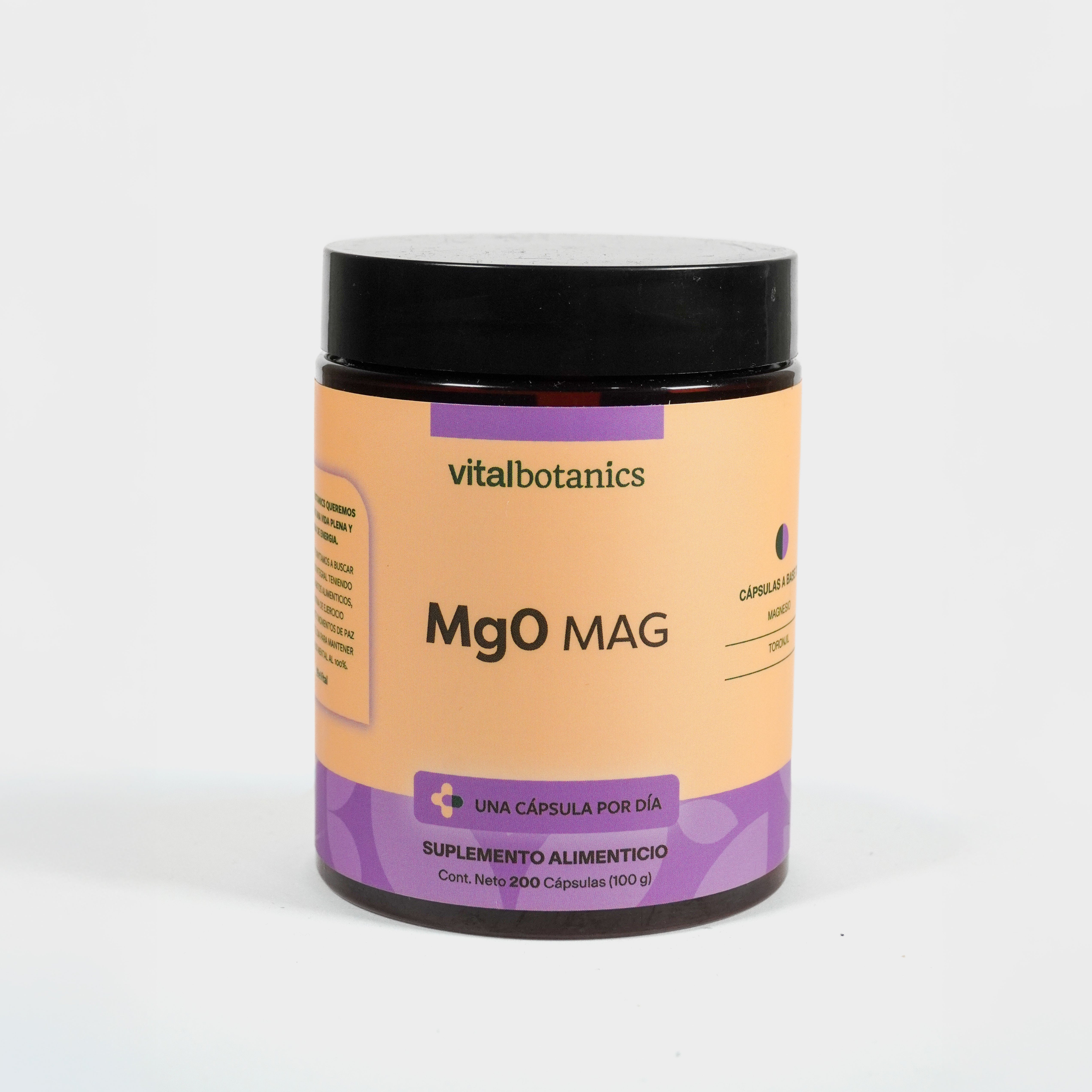 Óxido de Magnesio y Toronjil Vitalbotanics sobre fondo blanco – 200 cápsulas