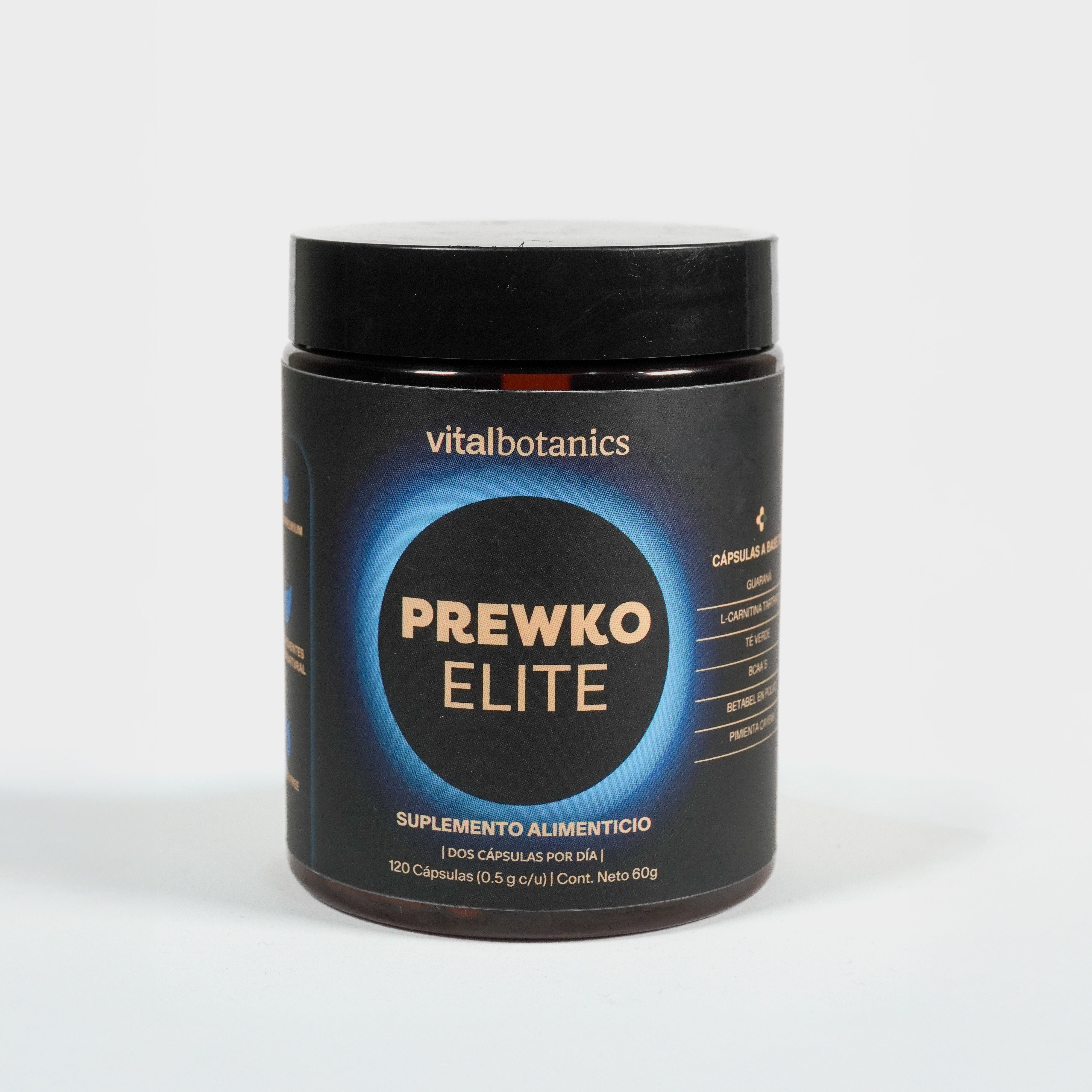 Preworkout Elite Vitalbotanics sobre fondo blanco – 120 cápsulas deportivas naturales