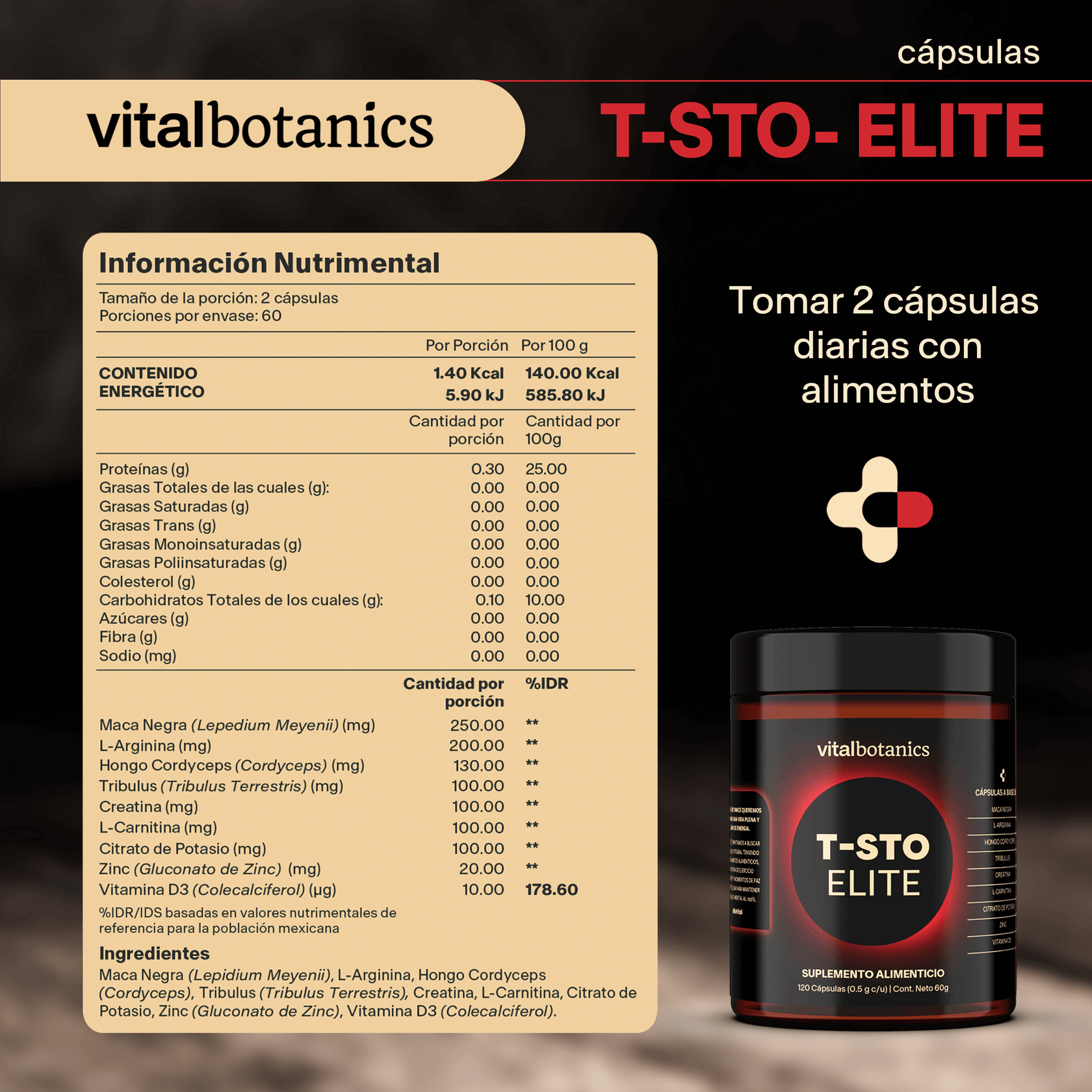 T Sto Elite Creatina Zinc Vitamina D3 L Arginina Hongo Cordy