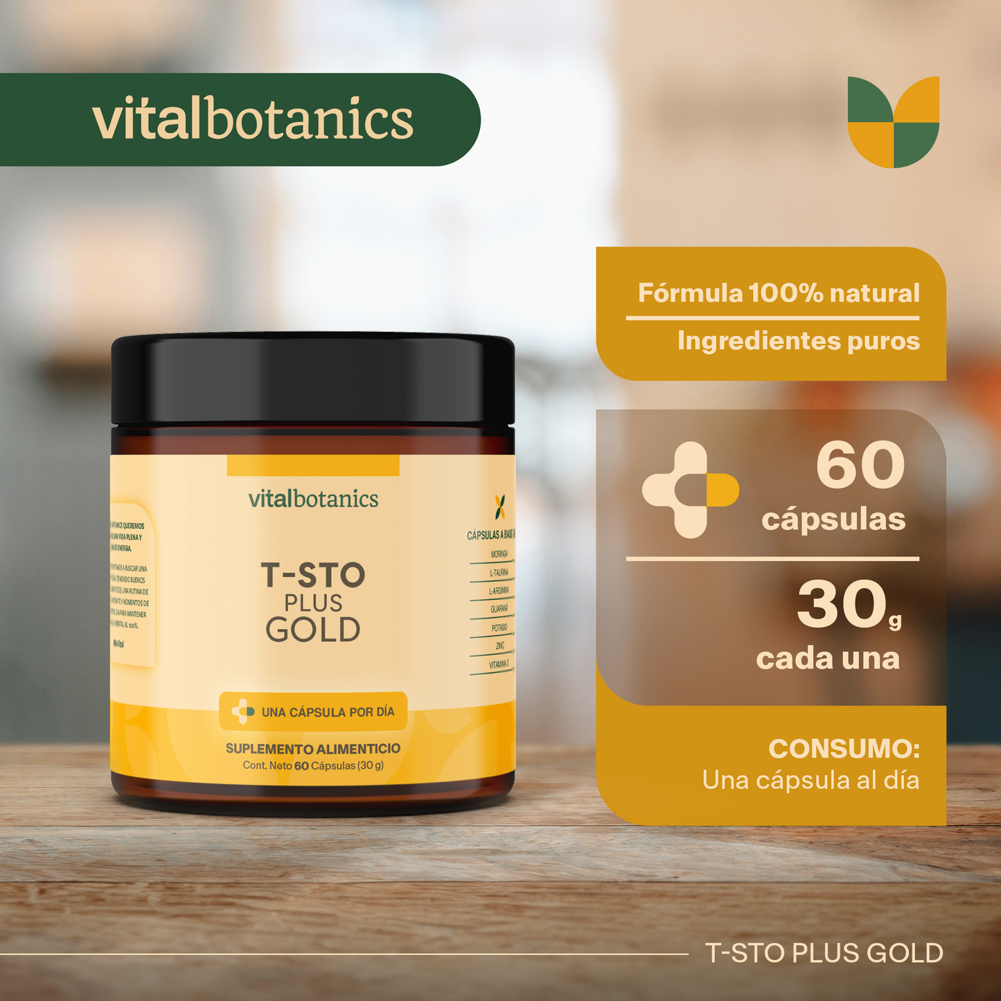 T-STO PLUS GOLD | Vitamina D + Potasio + Zinc + L-Arginina + L-Taurina + Guaraná + Moringa