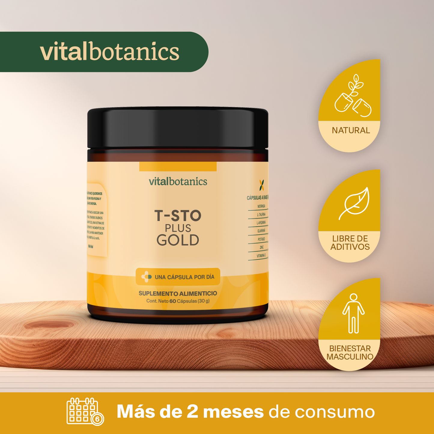 T-STO PLUS GOLD | Vitamina D + Potasio + Zinc + L-Arginina + L-Taurina + Guaraná + Moringa