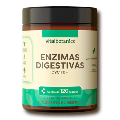 Frasco ZYMES+ Enzimas Digestivas Vitalbotanics – 120 cápsulas de enzimas naturales