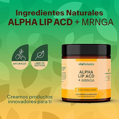 ALPHA LIP ACD + MRNGA | 60 cápsulas. VitalBotanics Suplemento alimenticio a base de Acido Alfa Lipoico. Suplementos Alimenticios. Multivitaminico. Vitaminas para Mujer y Hombre.